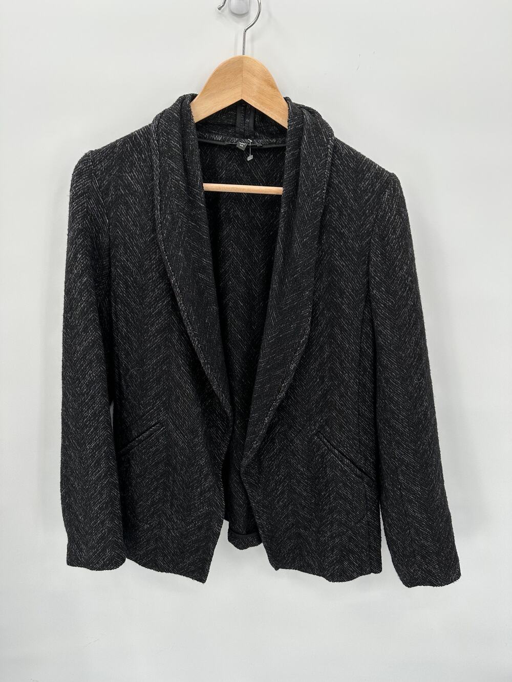EILEEN FISHER Black & Grey Herringbone Wool Blend Blazer Jacket // XS